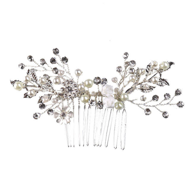 Pearl crystal beads leaf bridal hair comb