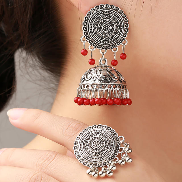Red color seed beads tassel jhumka earrings rings set