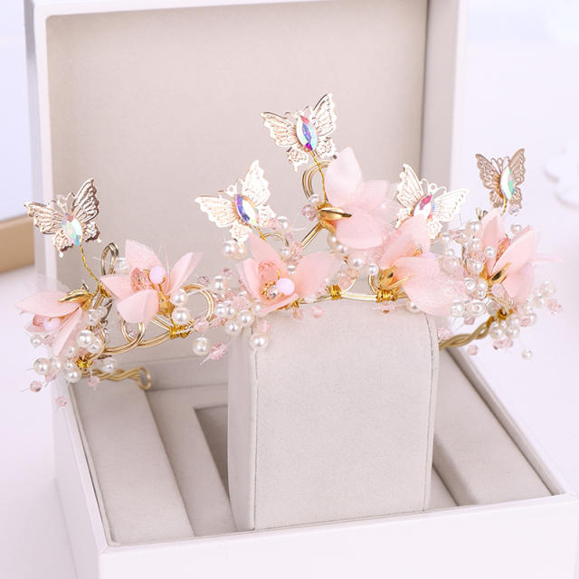 Pink flower butterfly crown headband for wedding