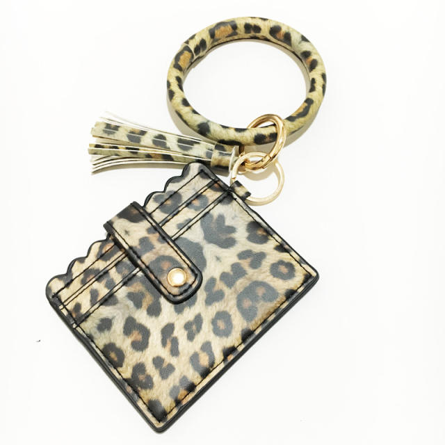 PU leather leopard bracelet tassel card holder keychain