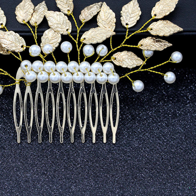 Pearl beaded leaf bridal hair combs