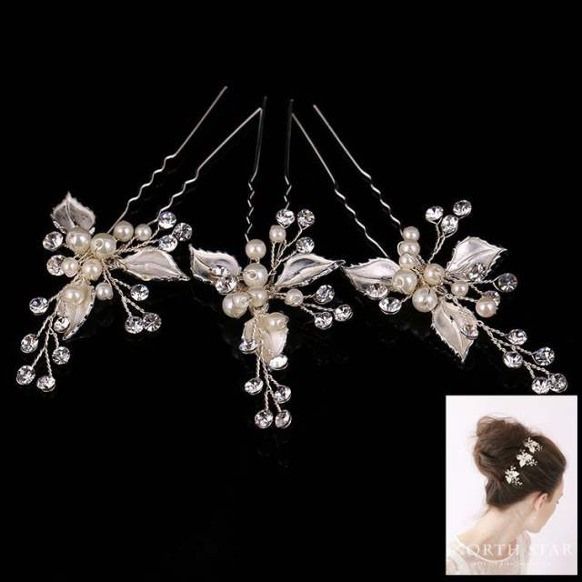 Handmade leaves pearl diamond bridal hairpins