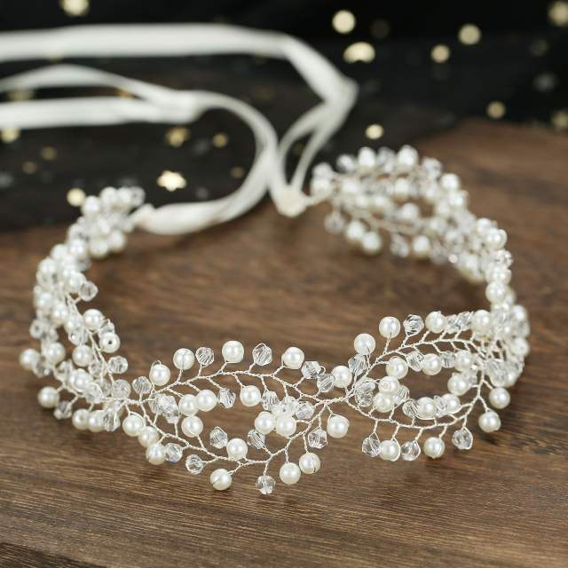 Pearl crystal beaded bridal headband