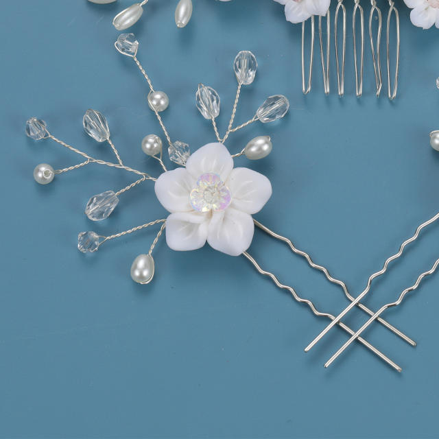 New white flower handmade pearl bridal hair comb set