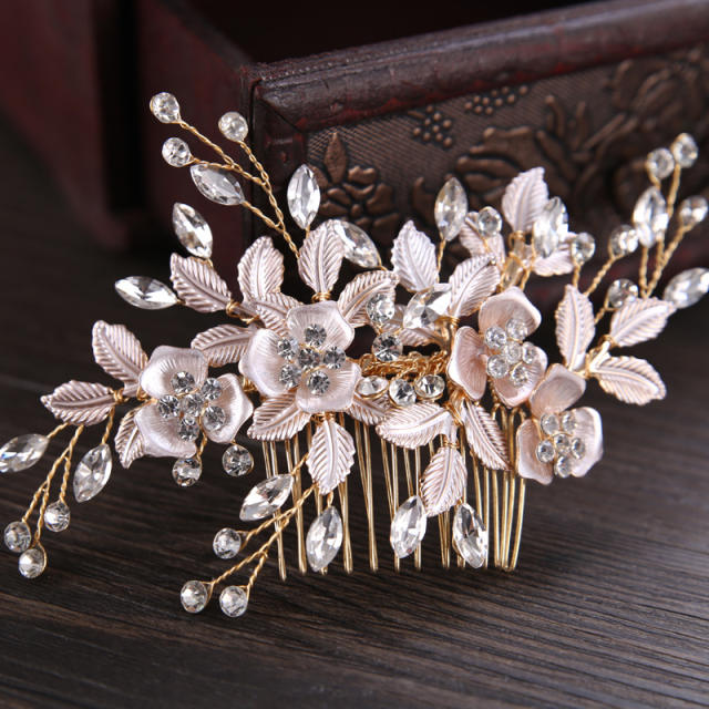 Handmade flower crystal beads bridal hair comb