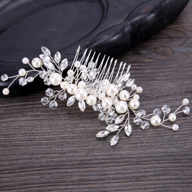 White pearl and crystal bridal hair comb