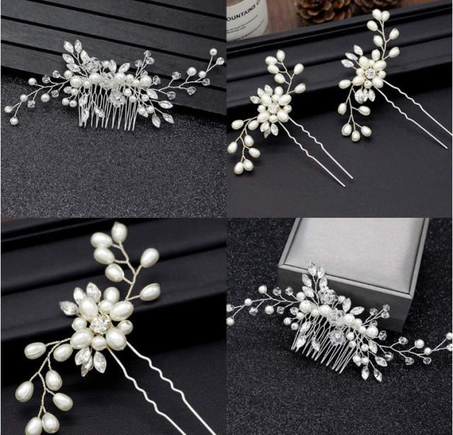 Fashion pearl diamond bridal hair comb 3-piece set