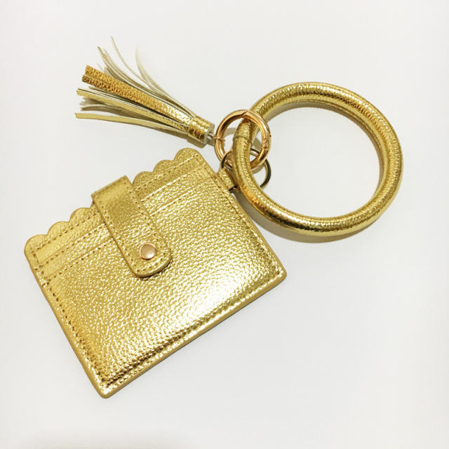 PU leather leopard bracelet tassel card holder keychain