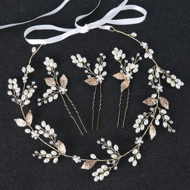 Handmade pearl bead leaf bridal hair bands