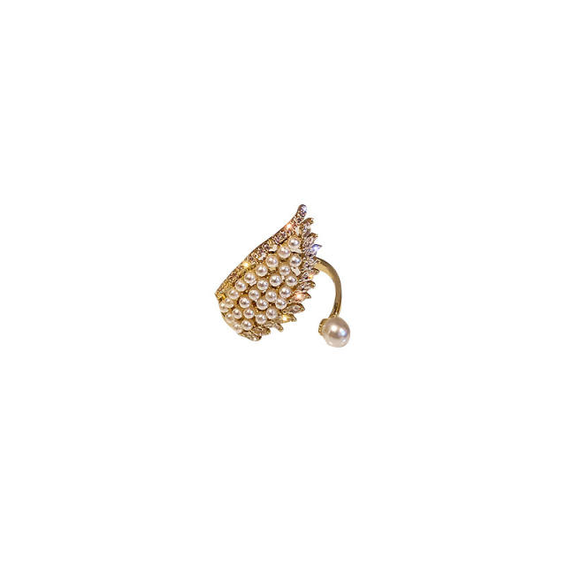 Pearl beaded angel wing open finger ring