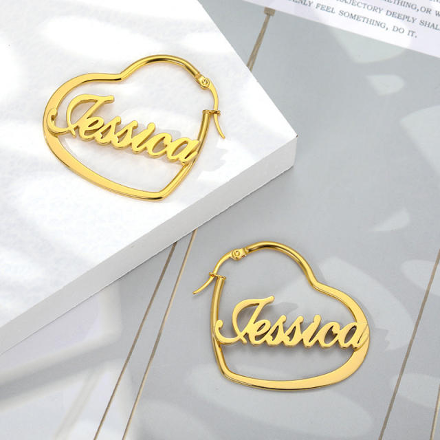 304 Stainless steel heart shape customized name earrings