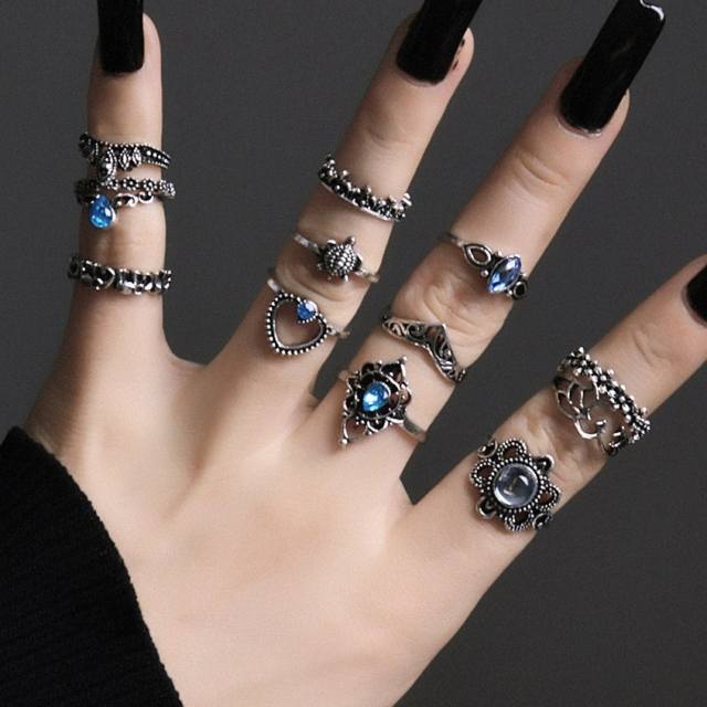 13pcs blue diamond vintage finger ring set