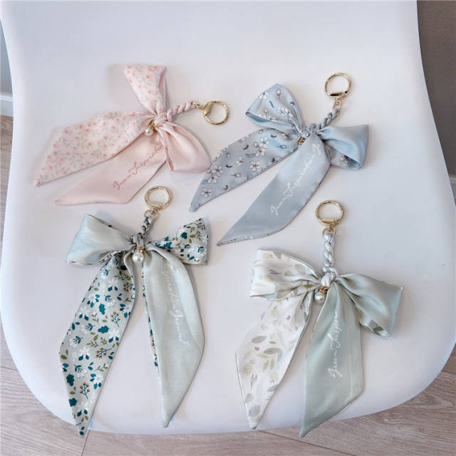 Silk scarf bow pearl keychain