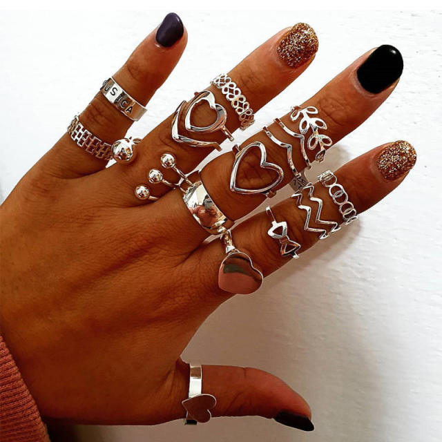 Boho silver color 17pcs finger ring set