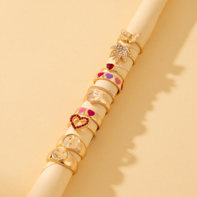Ins heart smilely face 10pcs ring set