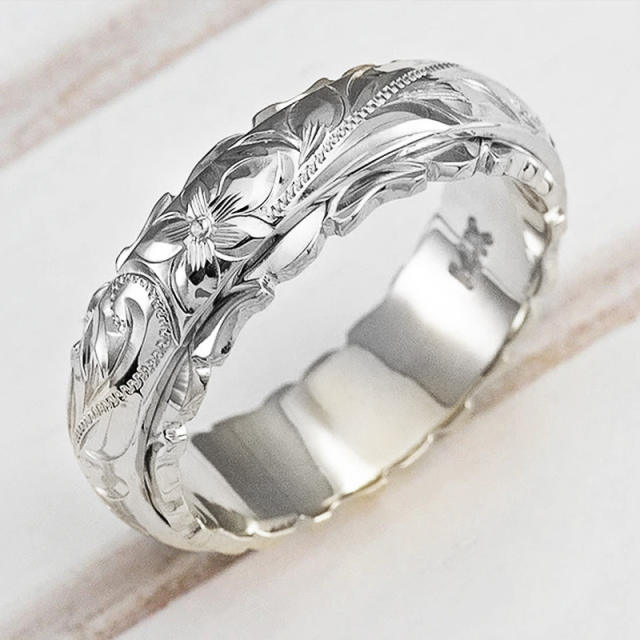Engraved rose flower finger ring