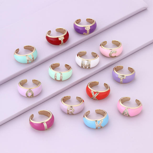 Color enamel initial letter open finger ring