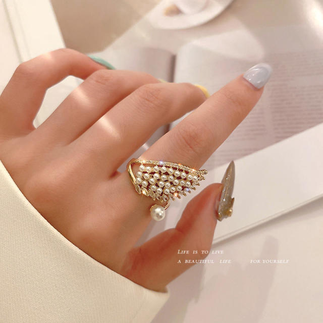 Pearl beaded angel wing open finger ring
