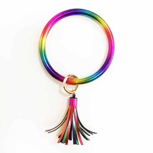 Colorful PU leather tassel bracelet keychain