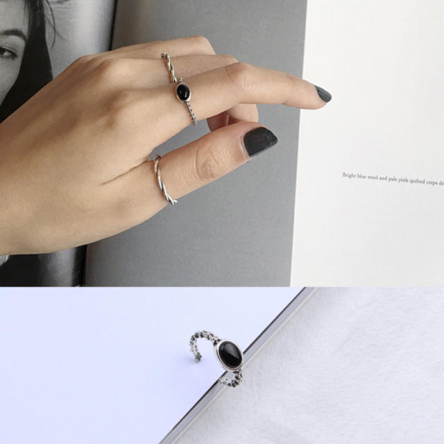 S925 black agate open ring