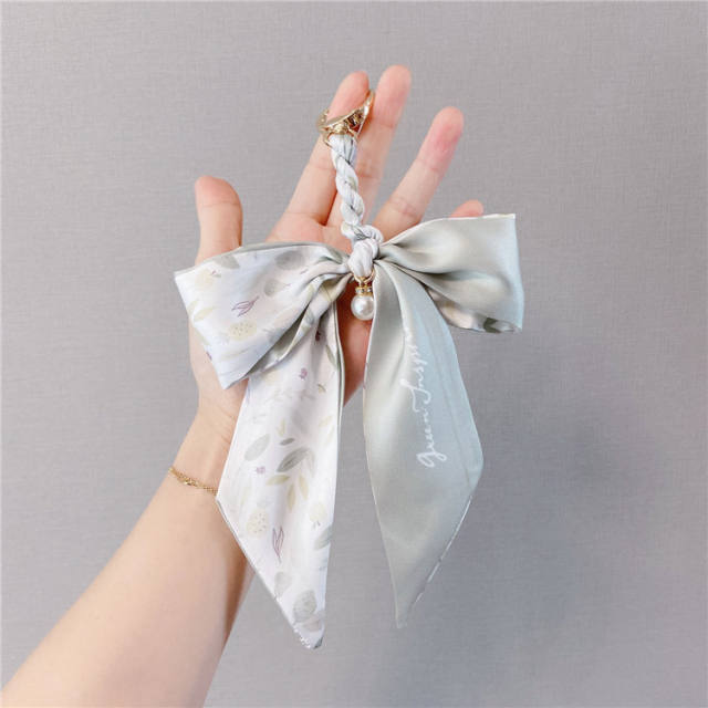 Silk scarf bow pearl keychain