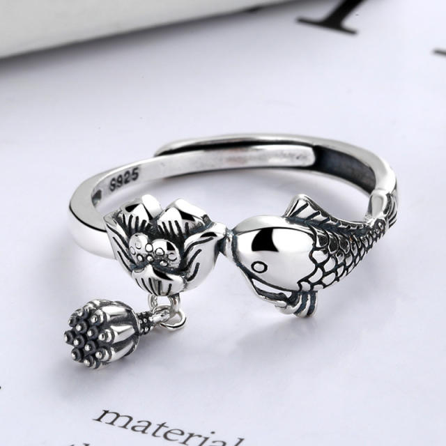 S925 lucky carp Lotus tassel adjustable rings