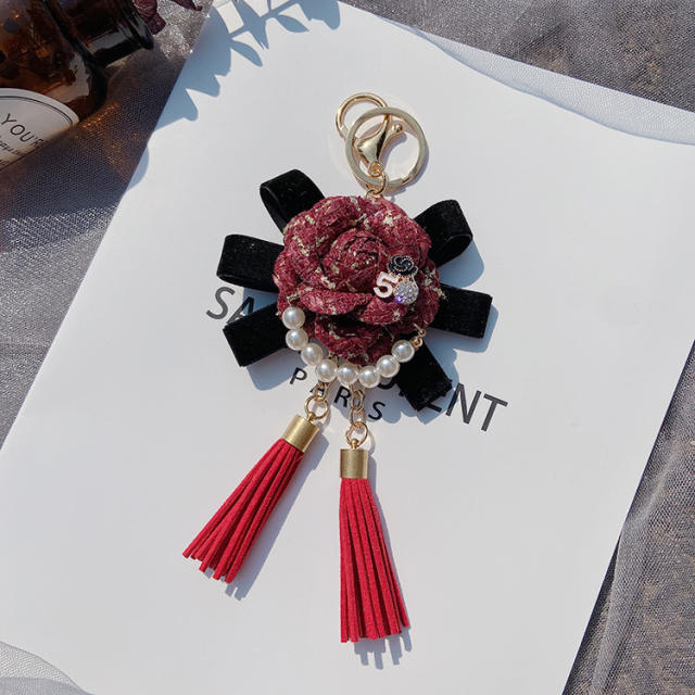 Camellia flower tassel pearl keychain