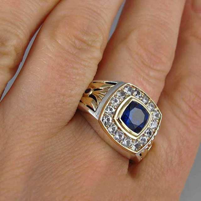 Vintage zircon Sapphire two-tone men's ring