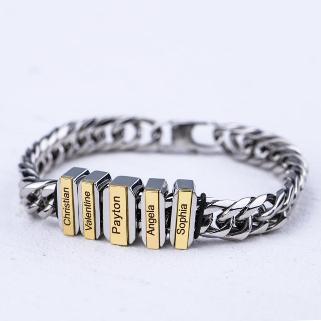 DIY stainless steel engrave name chain bracelet for men