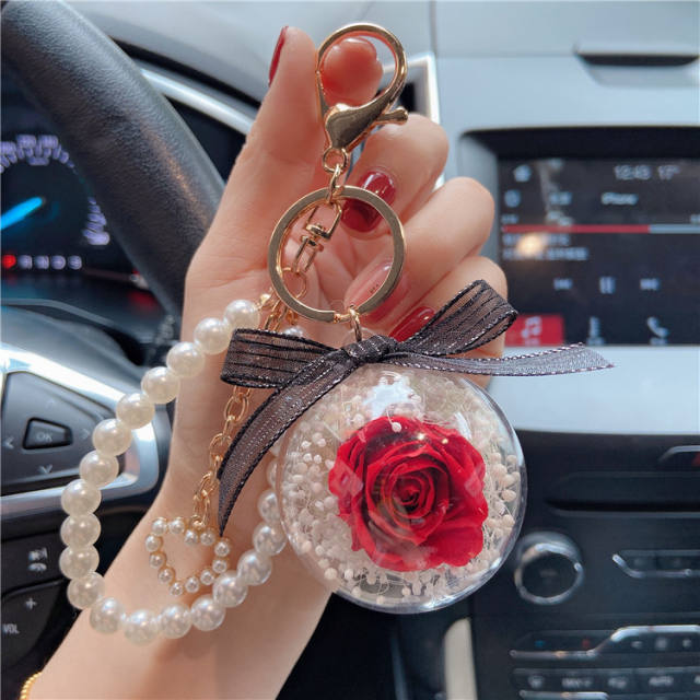 Rose flower heart pearl keychain