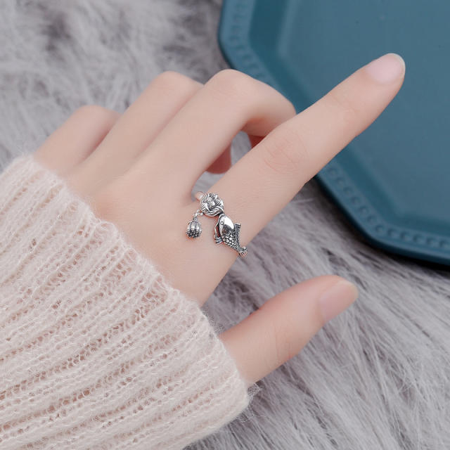 S925 lucky carp Lotus tassel adjustable rings