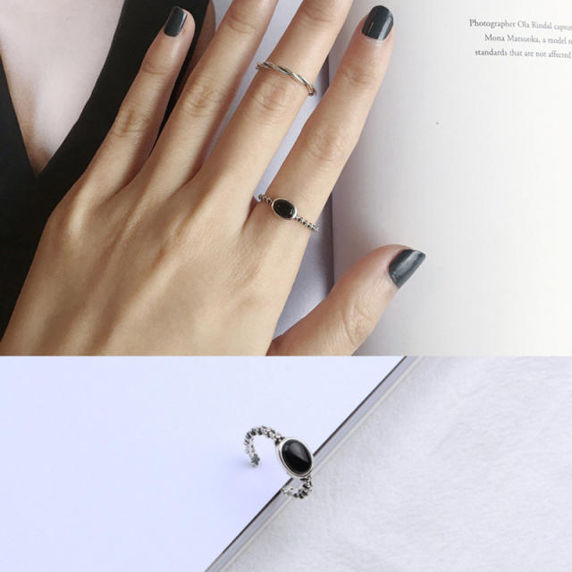 S925 black agate open ring