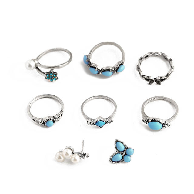 Blue color beads butterfly 8pcs finger ring set