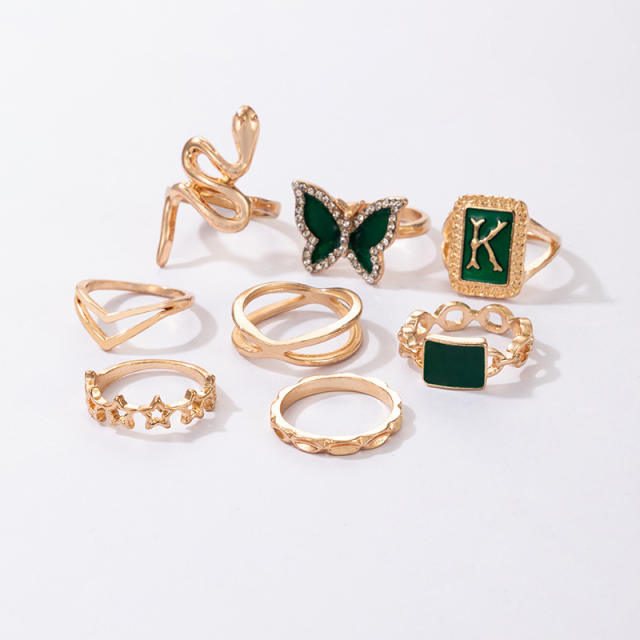 8pcs letter K green color series ring set