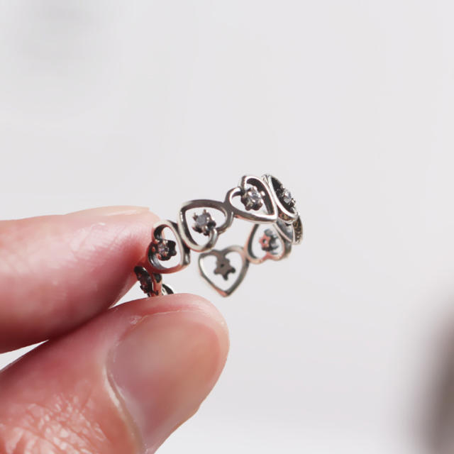 S925 vintage loving heart zircon open ring