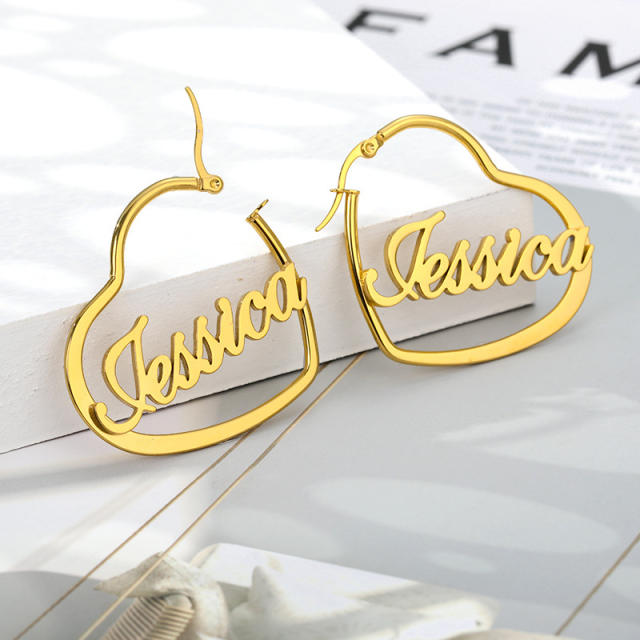 304 Stainless steel heart shape customized name earrings