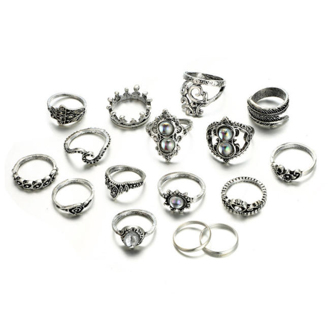Retro crown diamond finger rings 16 pcs set