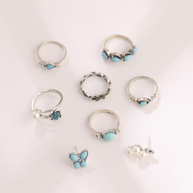 Blue color beads butterfly 8pcs finger ring set