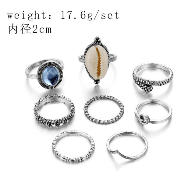 Boho shell 8pcs finger ring set