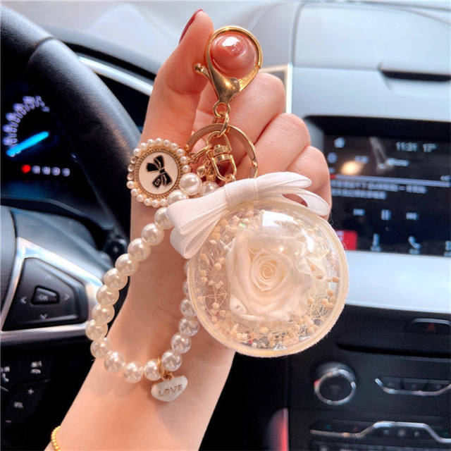 Rose flower pearl keychain