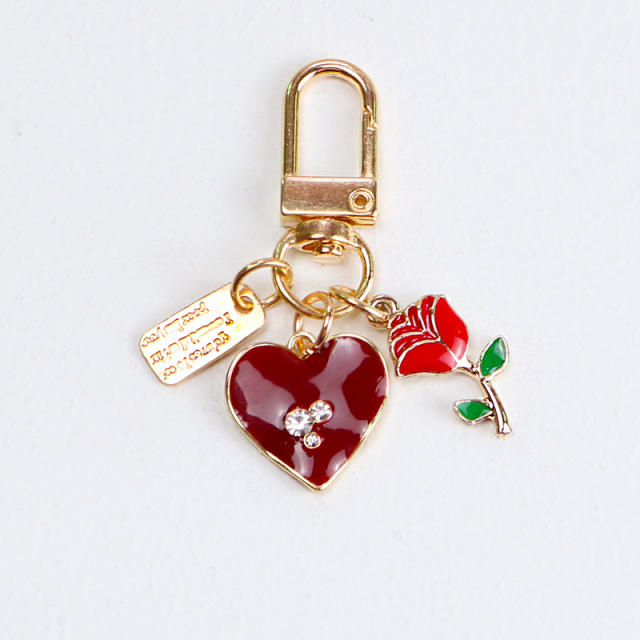 Wine red heart rose flower enamel keychain