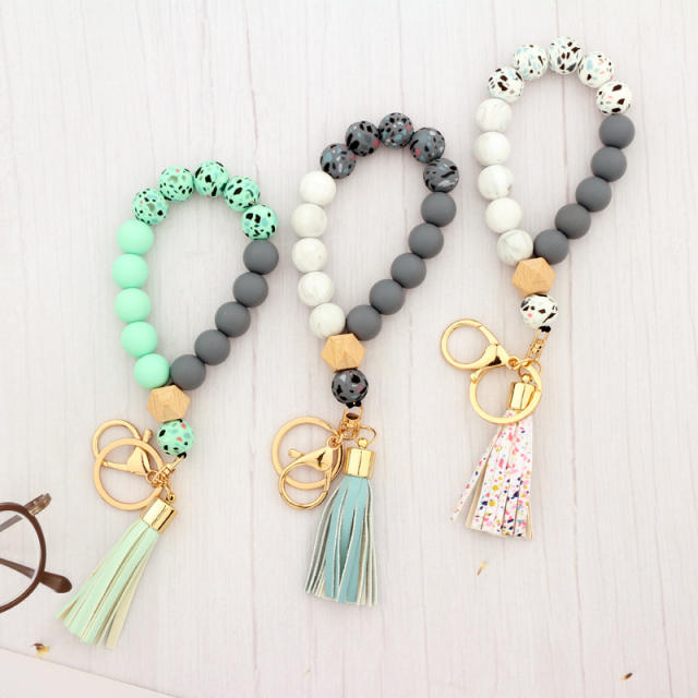 Leopard bead tassel bracelet keychain