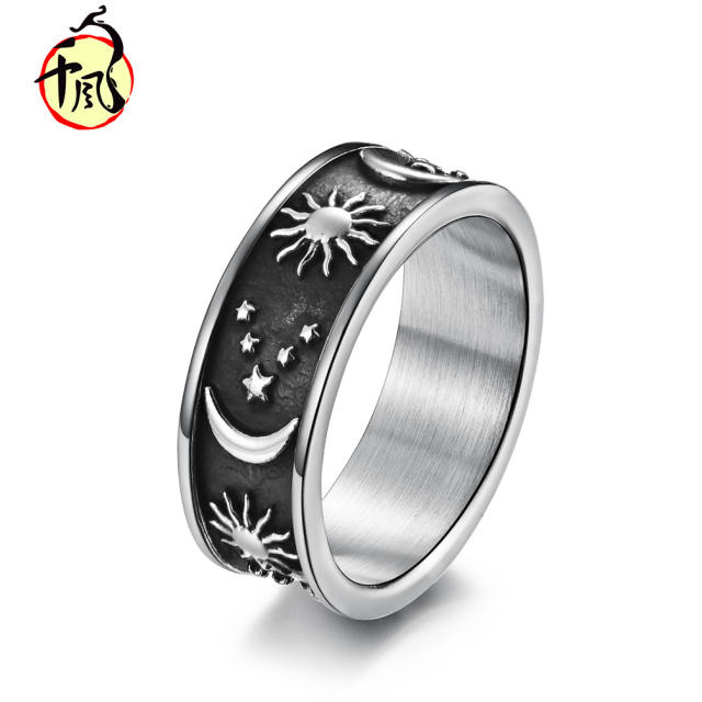 Retro sun moon and star stainless steel ring