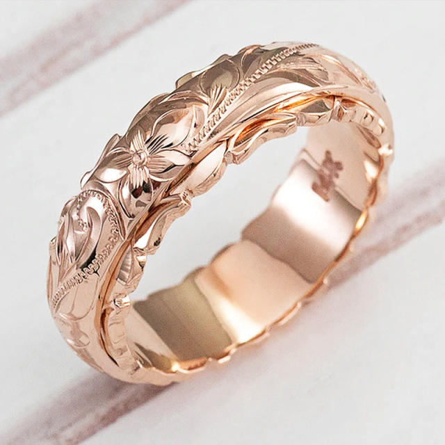 Engraved rose flower finger ring