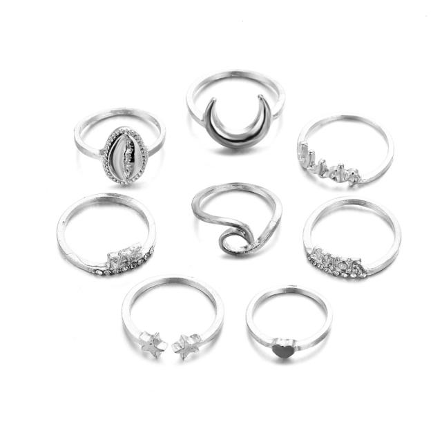 8pcs silver color wave moon finger ring set
