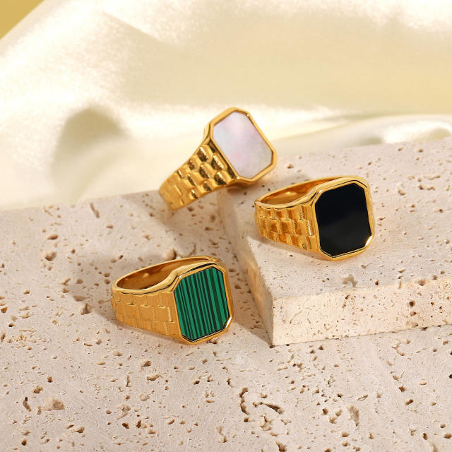 Fashion rectangular malachite shell stainless steel ring