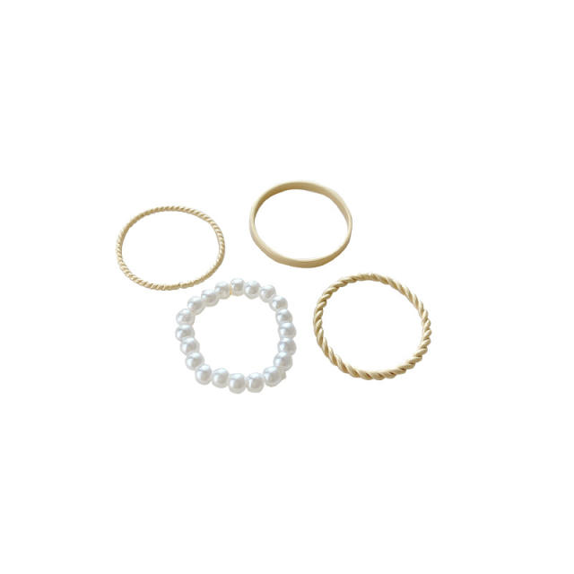 Simple pearl copper rings 4 pcs set