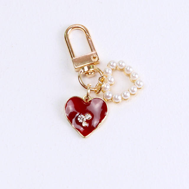 Wine red heart rose flower enamel keychain
