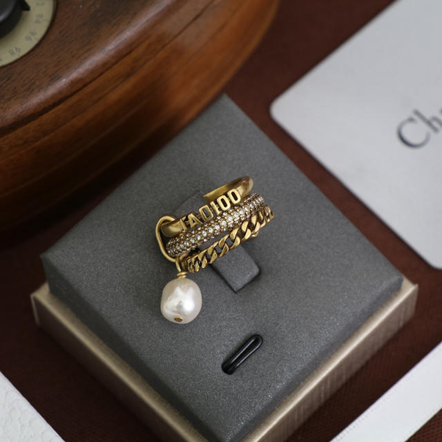 CD letter open Pearl women's brass ring