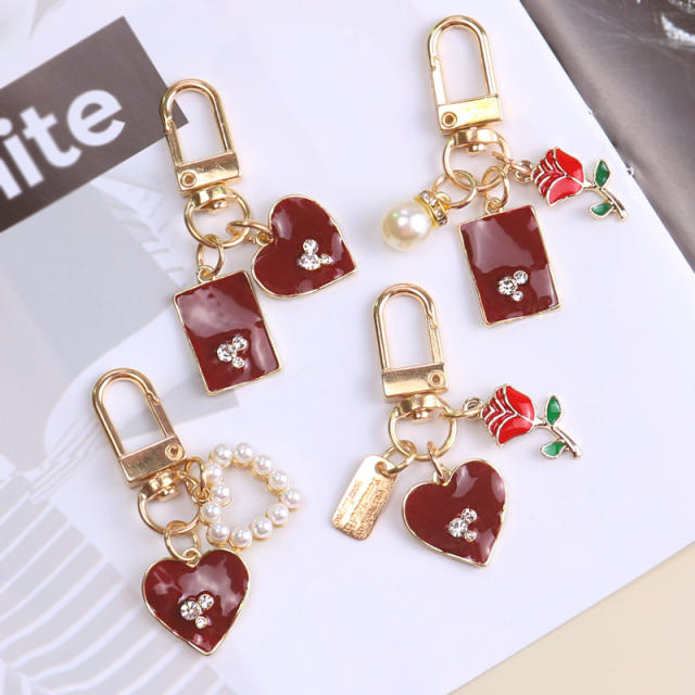 Wine red heart rose flower enamel keychain